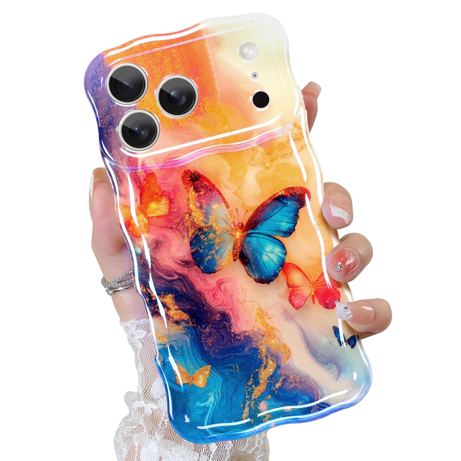 OOK Oil Painting Phone Case for iPhone 17 Pro Laser Glossy Cute Oil Painting Butterfly Pattern Curly Waves Bumper Design Soft Protective Cover for Girls Women