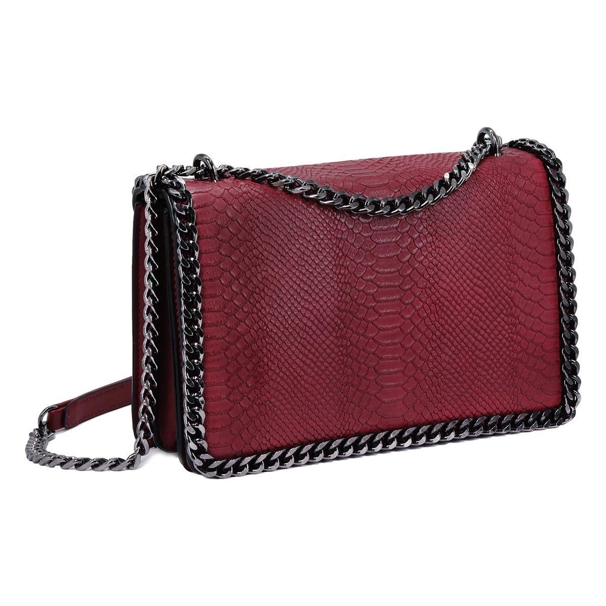 CRAZYCHIC Women's Chains Crossbody Bag Snakeskin Python PU Leather Shoulder Handbag Quilted Clutch Evening Messenger Bag Pochette Purse Party Elegant Bags Burgundy Red