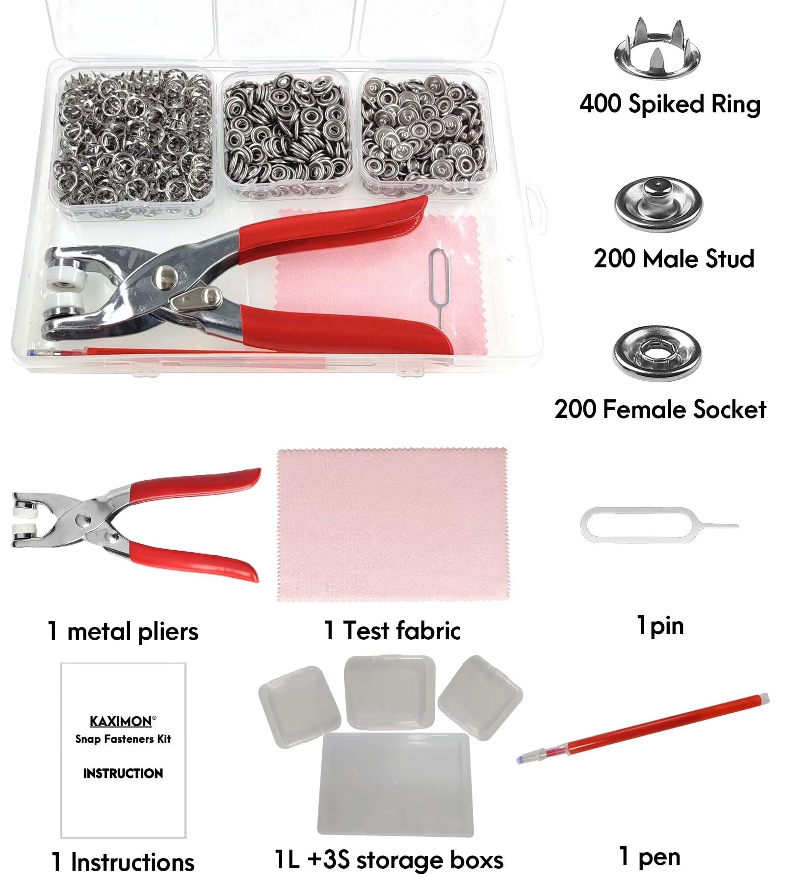 KAXIMON Snap Fasteners Kit 200 Sets, Metal Snap Button Kit with Fastener Pliers No Sewing, 9.5mm Snap on Button Kit Rust Proof DIY Press Studs Button Fix Tools for Fabric Clothing, chrome, SNAP-9.5MM