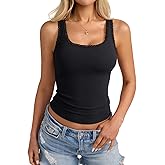Eachyes Womens Lace Trim Ribbed Tank Tops Scoop Neck Fitted Sleeveless Shirts Cute Going Out Camisole Solid Color and Striped