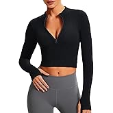 VEQKING Women Long Sleeve Workout Crop Tops Half Zip Pullover Sweatshirt Ribbed Tight Fitted Athletic Shirts with Thumbholes