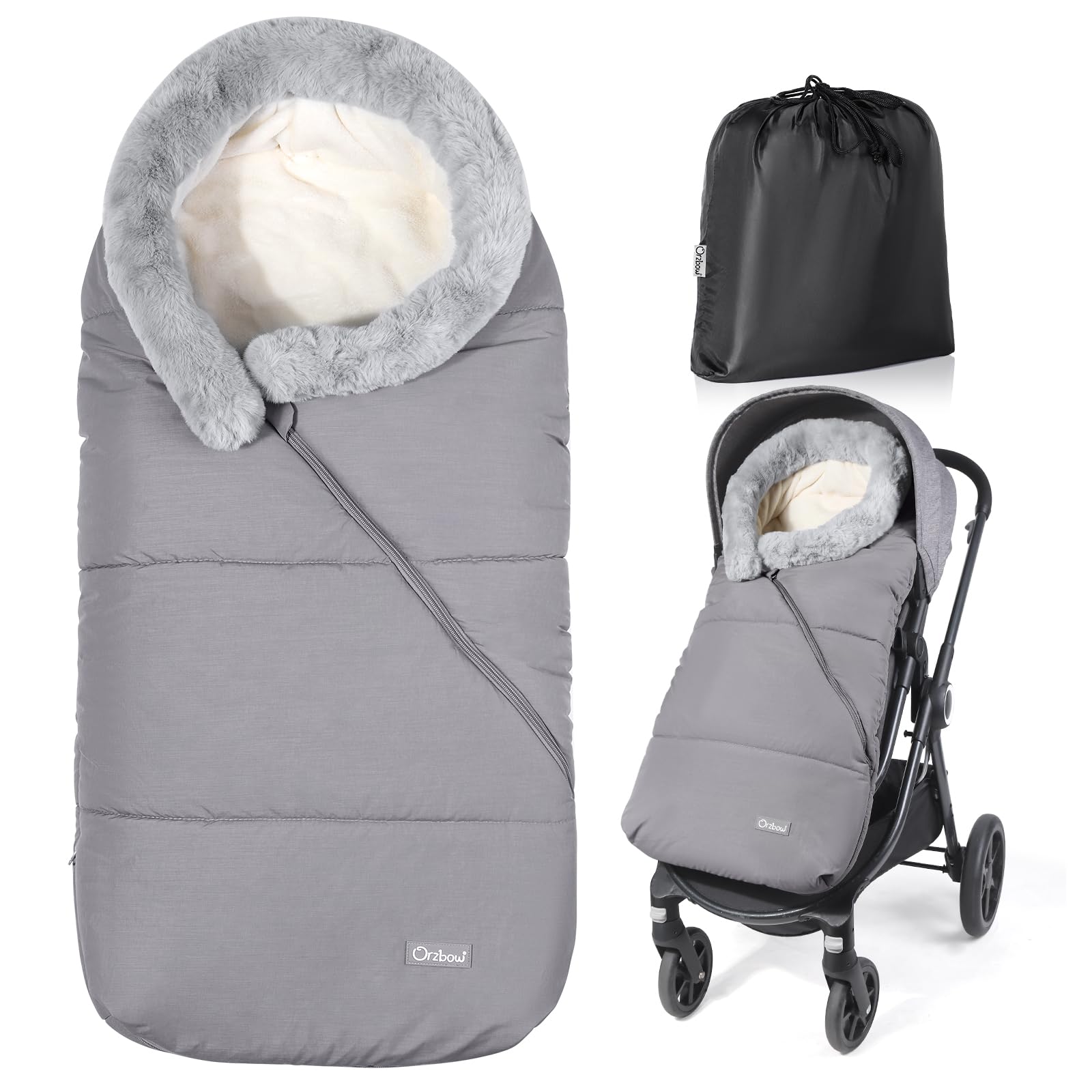Orzbow Footmuff for Pushchair Universal Footmuff for Stroller, Winter Cosy Toes for Buggy with Removable Fur Collar, Weatherproof Pram Footmuff with Adjustable Zipper & Warm Liner, Light Grey