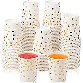 Sieral 100 Pcs White and Gold Paper Cups, 9 oz Gold Foil Dot Disposable Cups for Birthday Wedding Baby Shower Party Dinner Supplies