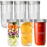 CycleMore 6 Pack Wide Mouth Mason Jars with Airtight Lids and Bands, 24 Oz Canning Glass Jars, Glass Canister for Canning, Fermenting, Pickling, Meal Prep, Overnight Oats, Jam, Jelly
