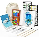 Mini Watercolor Paint Set, Walnut Wood Mini Paint Palette, 24-Colors Pocket watercolor set with Paint Brushes, Sketchbooks & Drawstring Bag, Ideal Paint Kit for Artists & Beginners