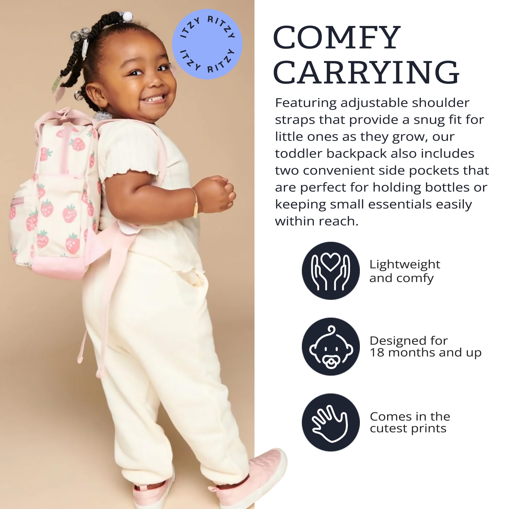 Itzy Ritzy Toddler Backpack - Daycare Bag - Features Adjustable Shoulder Straps, 2 Side Pockets & Spacious Interior with Wipeable Fabric Lining & Name Label, Strawberry Backpack