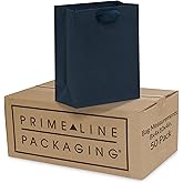 Prime Line Packaging Navy Blue Gift Bags, Kraft Paper Bags with Ribbon Handles for Small Business, Shopping, Retail, Party Favors, Bulk, 8x4x10, 50 Pack