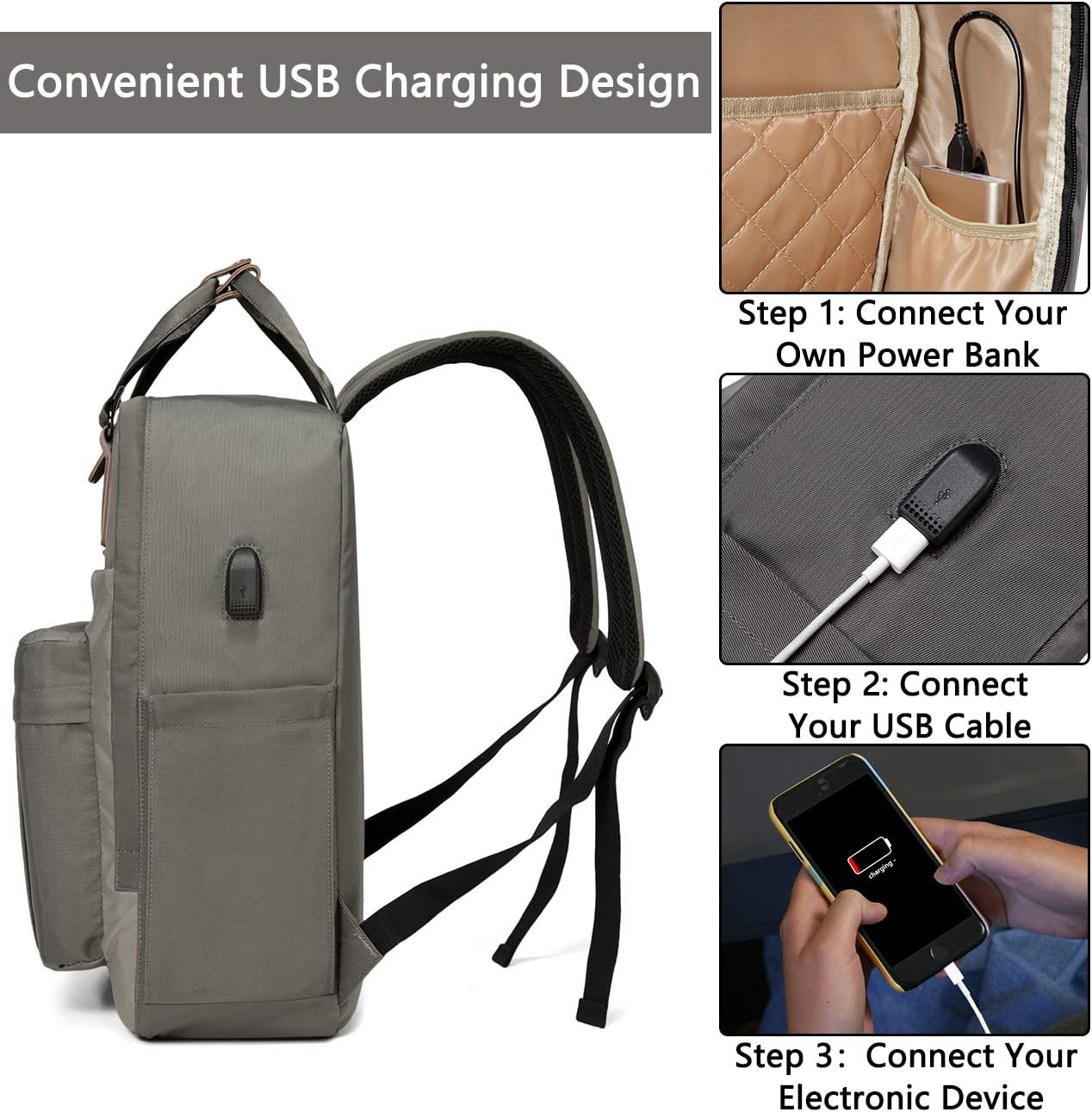 Kasgo School Backpack for Men Water Resistant 15.6 inch Laptop Rucksack with USB Charging Port Bookbag Casual Daypack for Women Teenagers College Travel Work (Grey) - Image 3