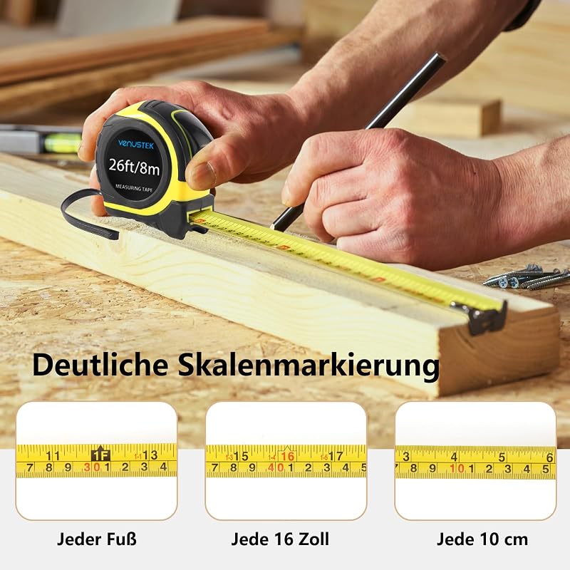 Maßband Massband, 8 m (26 Fuß), Profi Bandmaß mit Gürtelclip,Feststeller, gelb lackiert mit Zoll- und mm Skala, für Haushalt, Heimrenovierungen und Baustelle