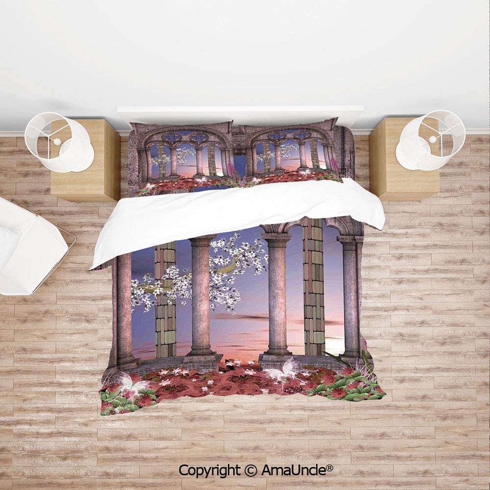 SCOCICI Ancient Colonnade in Secret Garden with Flowers at Sunset Enchanted Forest Simple Cover Set Bedsheet Pillowcases Bedding Set 4pc Full Size