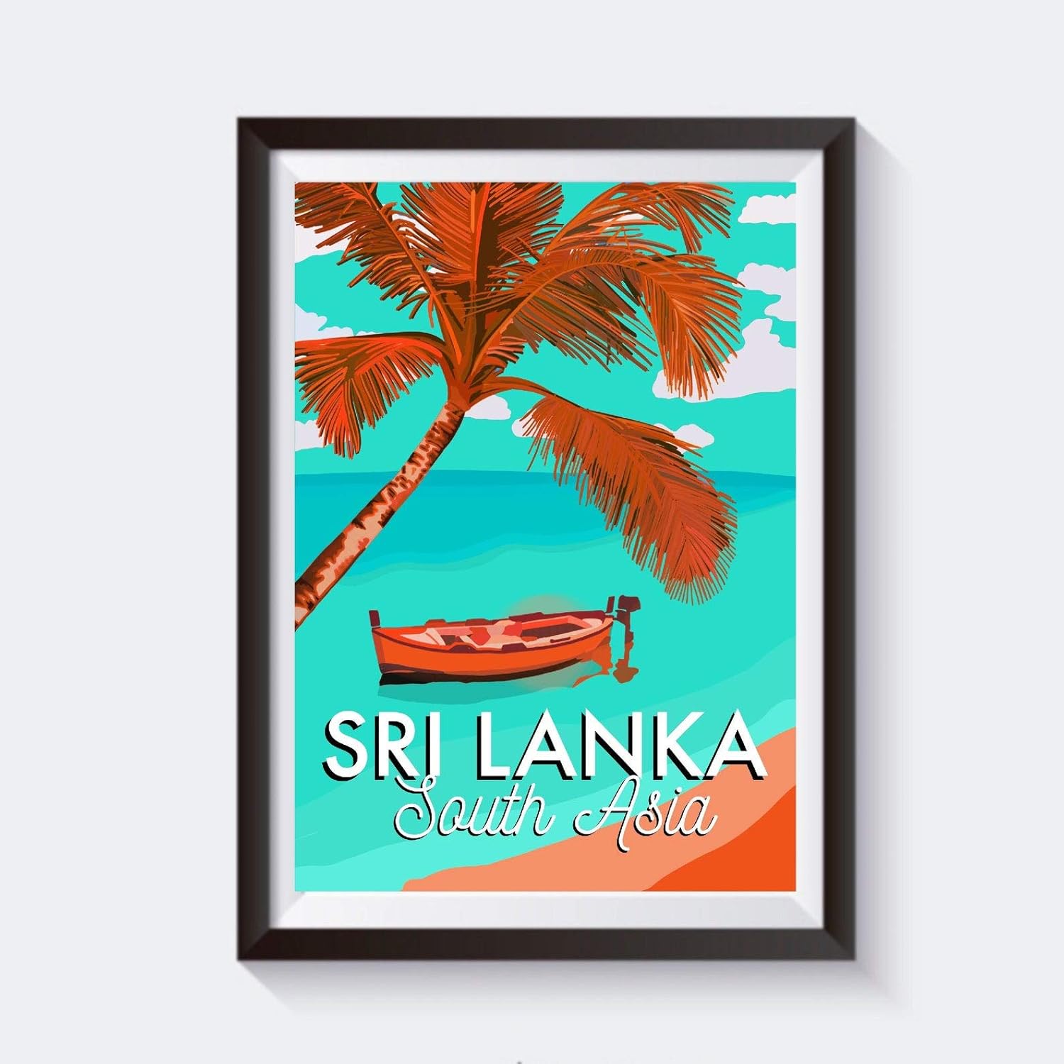 Vintage Sri Lanka, South Asia Orange and Blue Travel Artwork Print