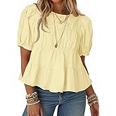 Tankaneo Womens Puff Sleeve Peplum Babydoll Tops Summer Smoked Pleated Cotton T-Shirts Casual Loose Fit Flowy Blouse