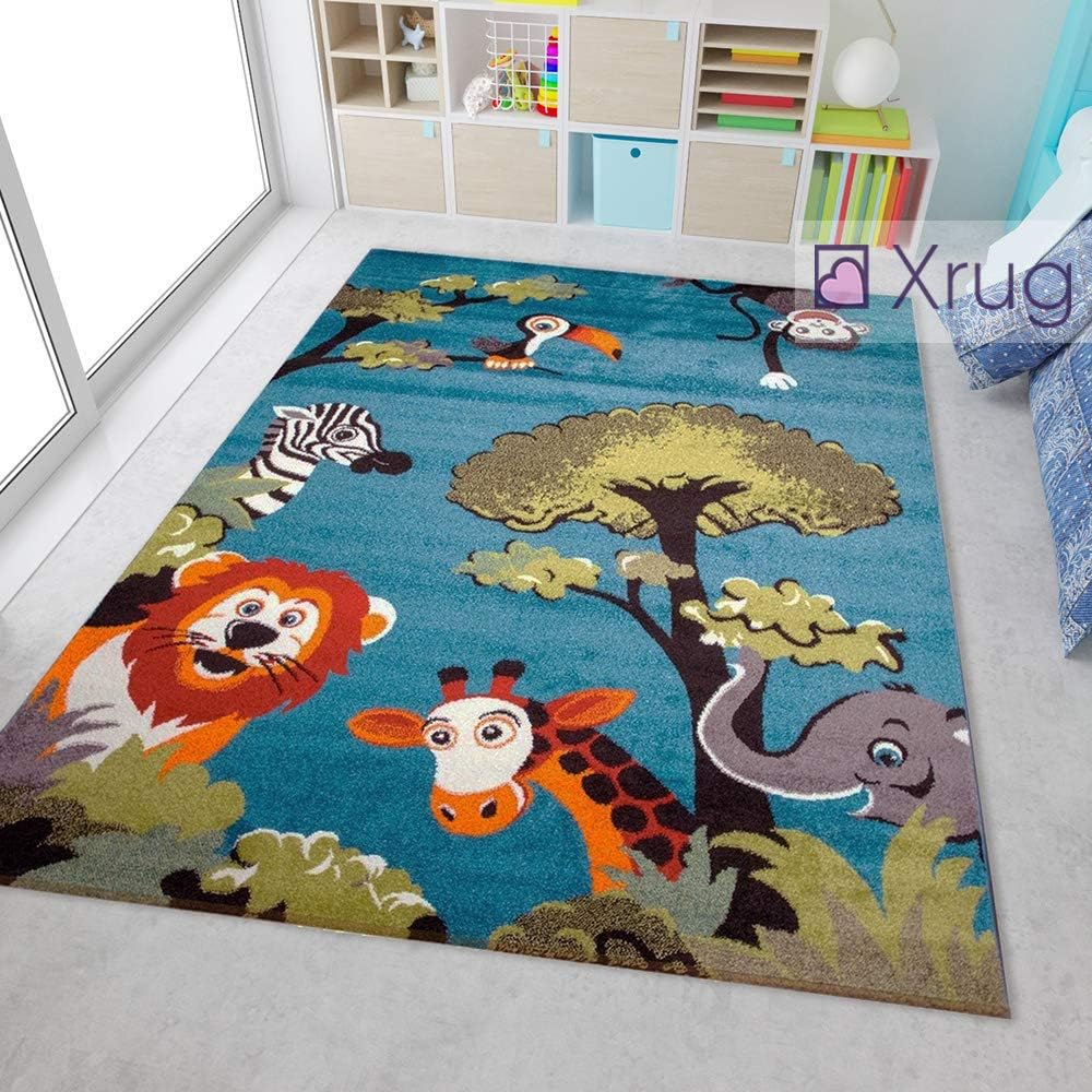 Kids Jungle Rug Nursery Rug Blue Animal Turquoise 120x170cm 4 X5 6 Children Play Room Carpet Mat Amazon Co Uk Kitchen Home