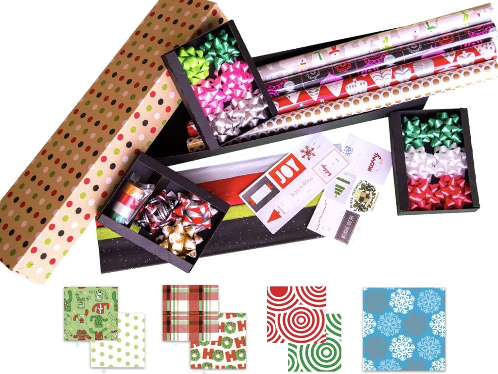 Premium Christmas Gift Wrapping Paper 4-Roll Assortment Variety Pack for Holiday and All Occasions Birthday Wedding - includes Paper Rolls Bows Ribbons Labels Tissue Paper USA Made by Royal Needham