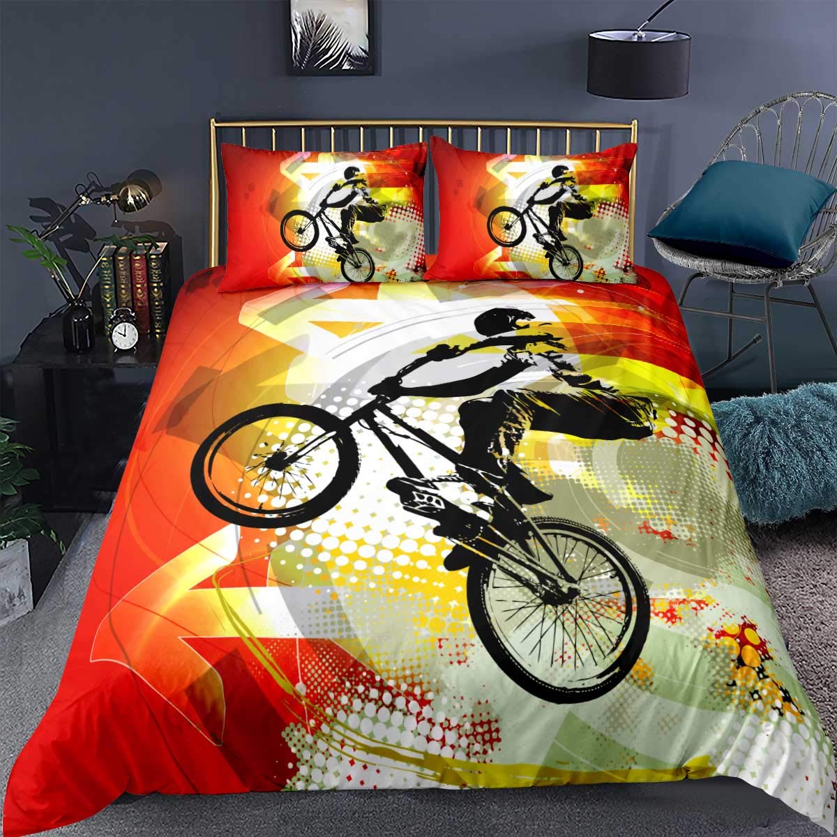 Loussiesd Dirt Bike Comforter Cover,Extreme Sports Race Bicycle Bmx Rider Silhouette Colorful Halftone Effect,Bedroom Decor 2 Pieces Bedspread Cover Single Size:1 Quilt Cover & 1 Pillowcases,Ties — image 1