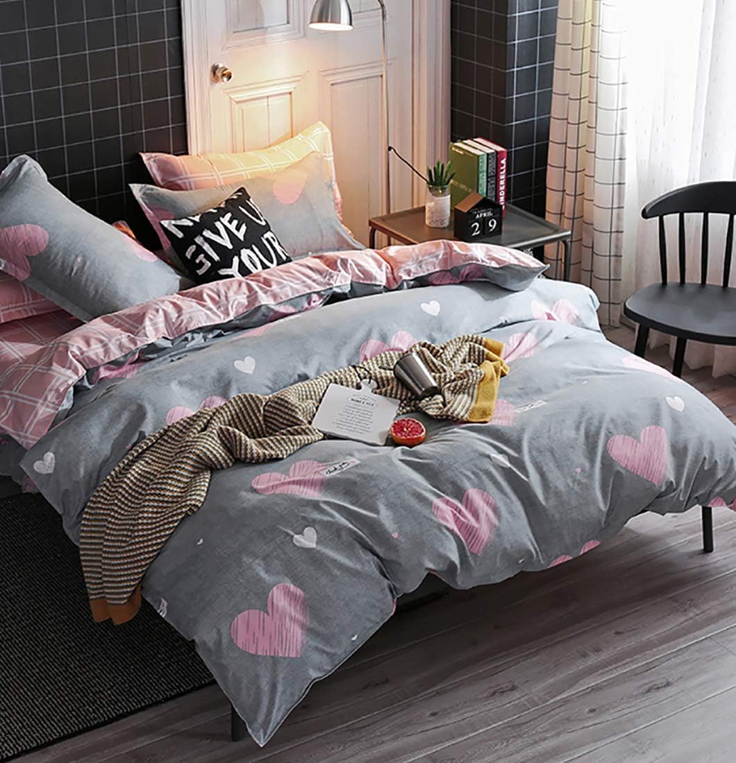 Michorinee Kids Girls Single Duvet Cover Set Grey Pink Heart Print Bedding Set Reversible Microfiber Quilt Cover 135x200 cm Zipper Closure with Pillow case 50x75 cm