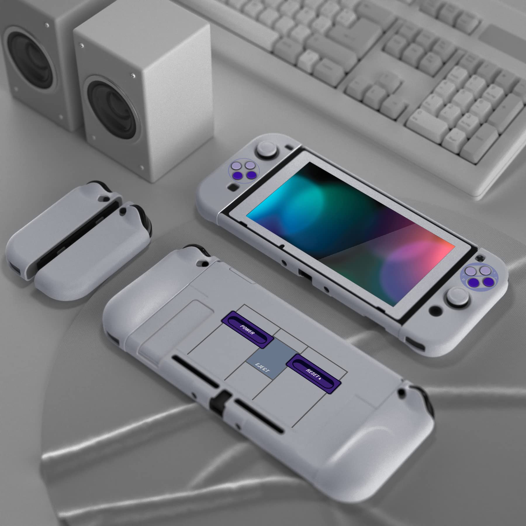 PlayVital AlterGrips Ergonomic Grips Cover for Nintendo Switch, [2 Design] Interchangeable Comfort Dockable Protective Case with Screen Protector & Thumb Grip Buttons Caps - Classics SNES Style