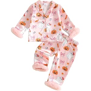 fyclemt Baby Boy Girl Halloween Pajamas Satin Pajamas Feather Trim Pumpkin Long Sleeve Button Up Shirt Pants Girls Nightgown
