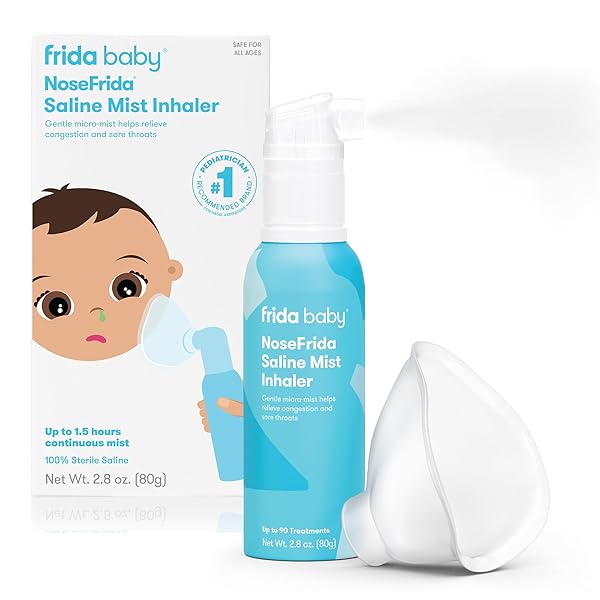 FRIDA BABY NOSEFRIDA SALINE MIST NASAL INHALER, DECONGESTANT SPRAY FOR CONGESTION & ALLERGY RELIEF FOR BABIES + KIDS, NASAL SALINE SPRAY, SOOTHES STUFFY NOSE & SORE THROAT, INCLUDES MASK