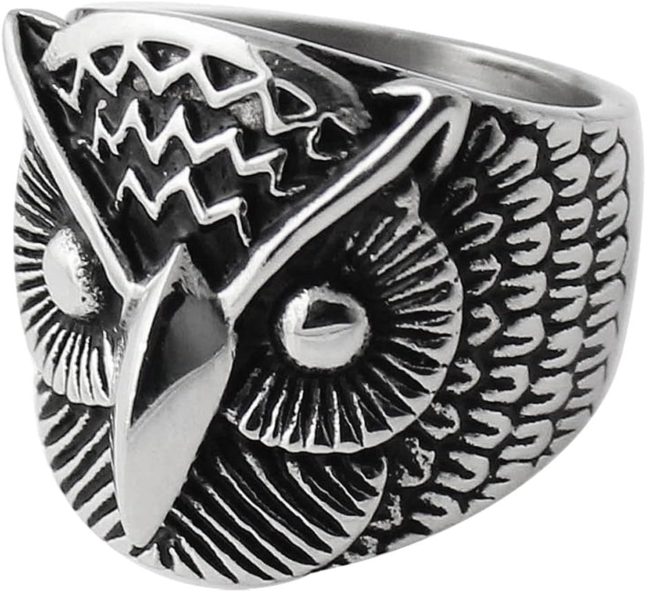 Vintage Owl Face Stainless Steel Biker Men Finger Ring - Size 10 (Size T)