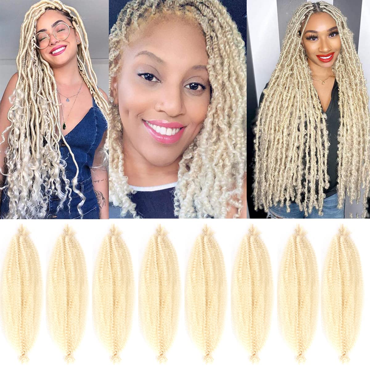 Springy Afro Twist Hair Pre-Separated Spring Twist for Faux Locs Marley Crochet Braiding Hair Extensions (613#, 16 Inch (Pack of 8))