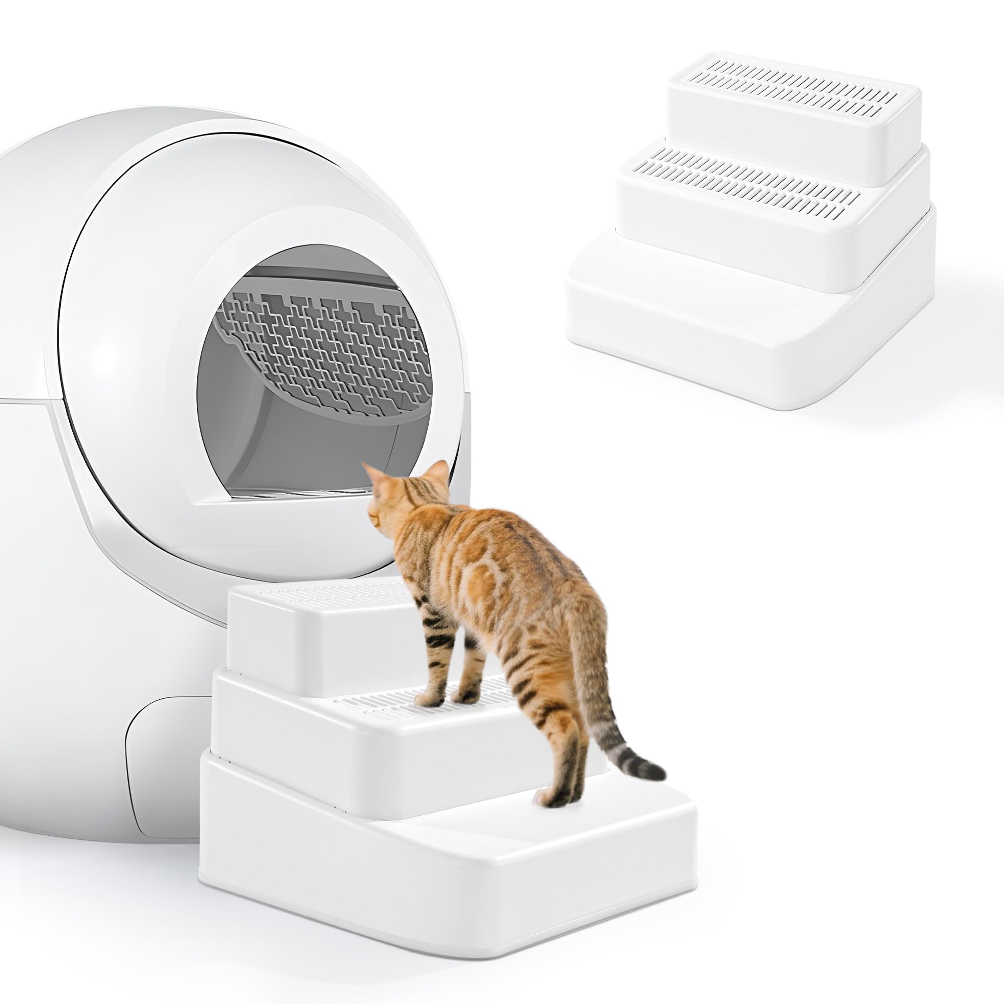 Photo 1 of BALAPET Adjustable 3 Steps Litter Box Ramp with Filter Function, Detachable Litter Trapper, Non-Slip Cat Litter Stair for Small & Elderly Cats(White)