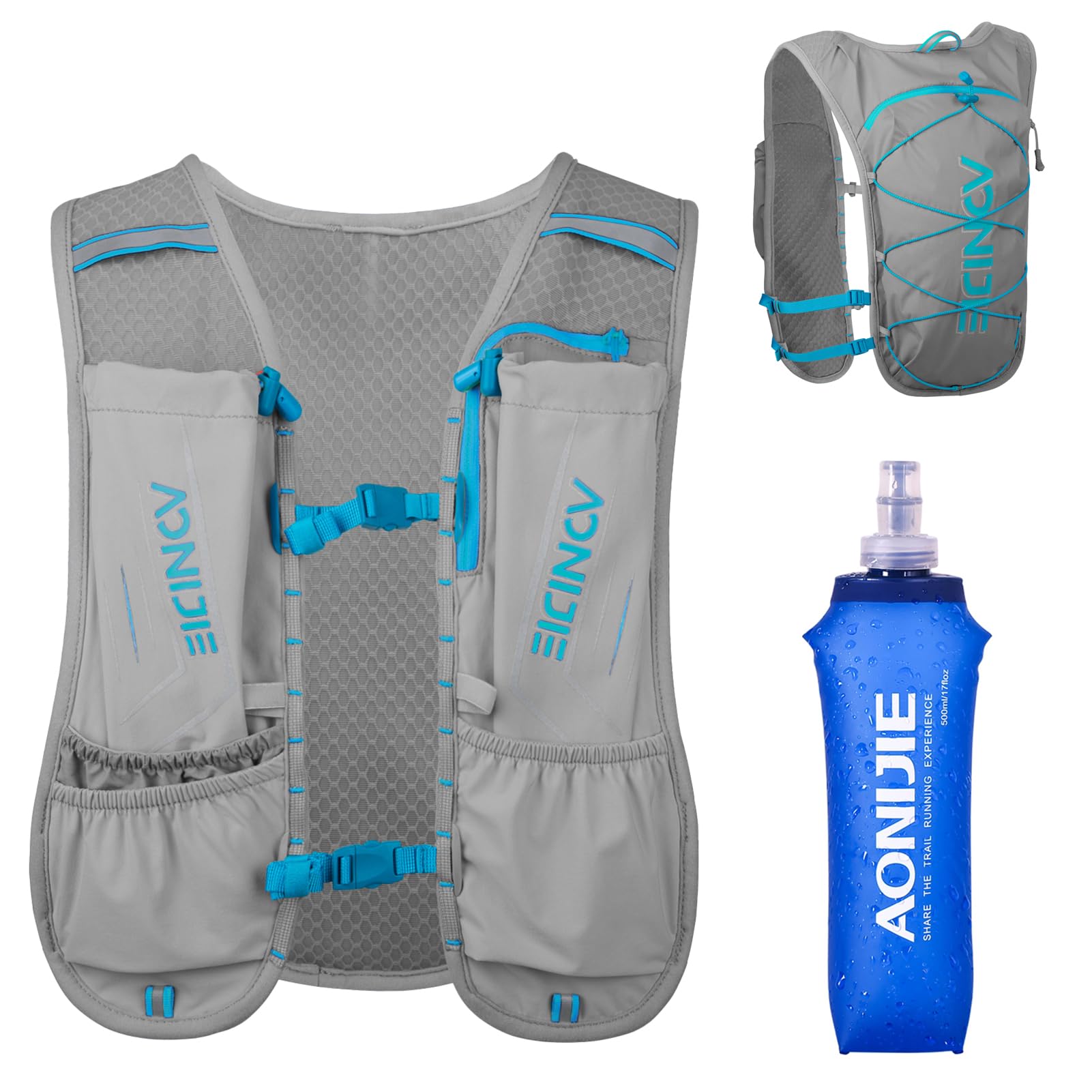 5 L Running Vest Backpack, Lightweight Hydration Vest Backpack for Women & Men Outdoor Sports, Marathon, Trail Race, Cycling, Hiking, Climbing (Gray with 500ml Soft Flask)