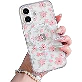 QLTYPRI Magnetic for iPhone 17 Case Compatible with Magsafe, Cute Floral Flower Aesthetic Phone Case Slim Clear Anti-Yellowing Shockproof Phone Cover for Girls Women - Pink