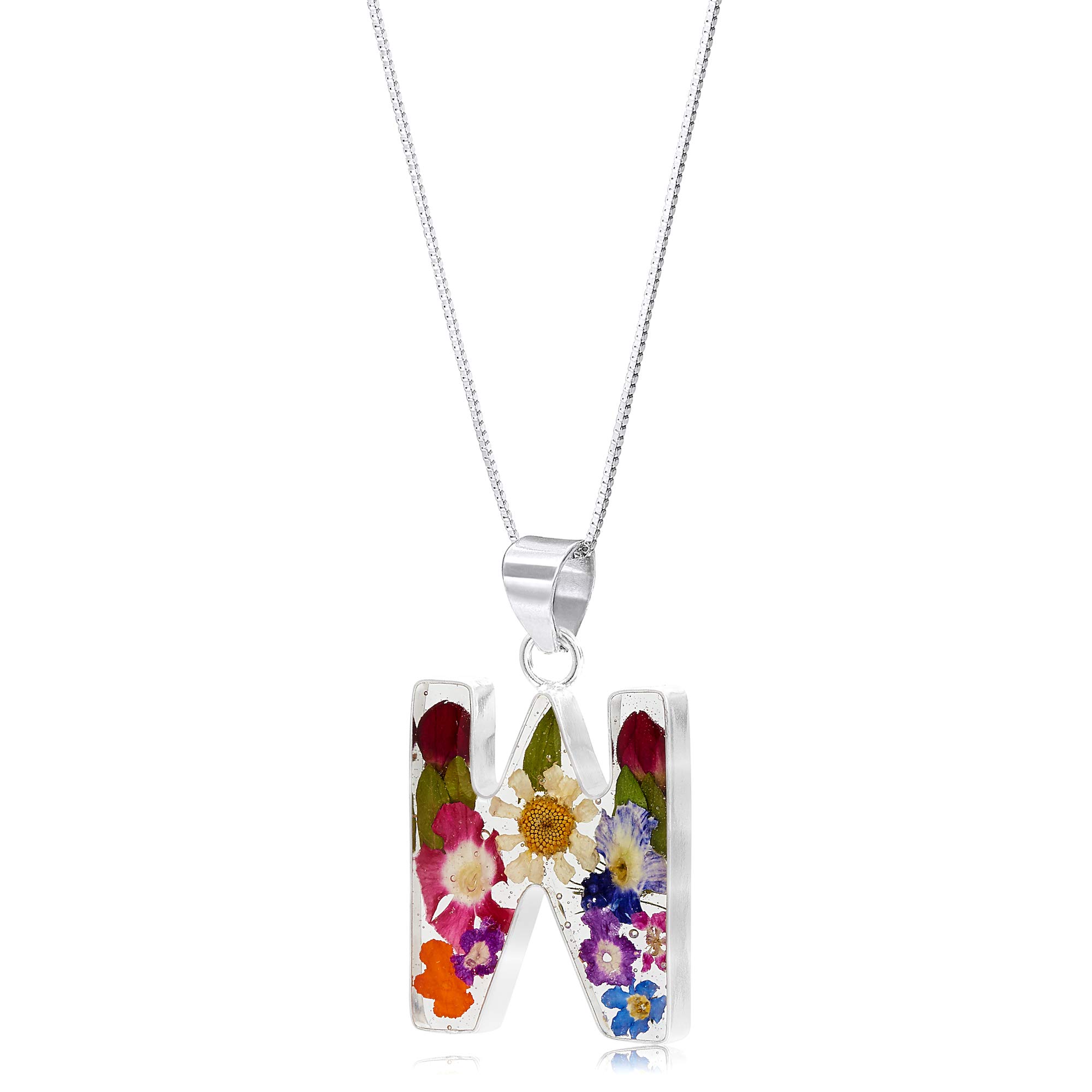 Shrieking Violet 925 Sterling Silver Letter Real Flower Initial Pendant Necklace - Assorted Flowers (Multicolour)