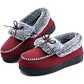 DL Women's Fuzzy Warm Moccasin Slippers Memory Foam, Soft Fluffy Winter House Closed Back Fur Lined, Cozy Ladies Suede Indoor Bedroom Houseshoes Non-Slip