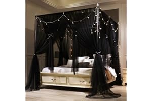 VETHIN 4 Corners Post Princess Bed Canopy Curtain Double Layer Cozy Drape Netting 4 Opening Mosquito Net for Girls & Adults Bedroom Decoration Accessories (Double Black, 78" W*86" L*82"*H/(King))