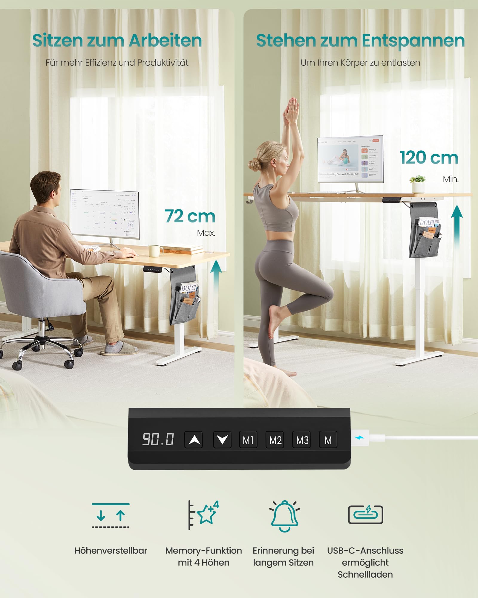 SONGMICS Höhenverstellbarer Schreibtisch elektrisch, 180 x 80 cm, Memory-Funktion mit 4 Höhen, USB-C-Anschluss, goldeichenfarben LSD138YA01 3