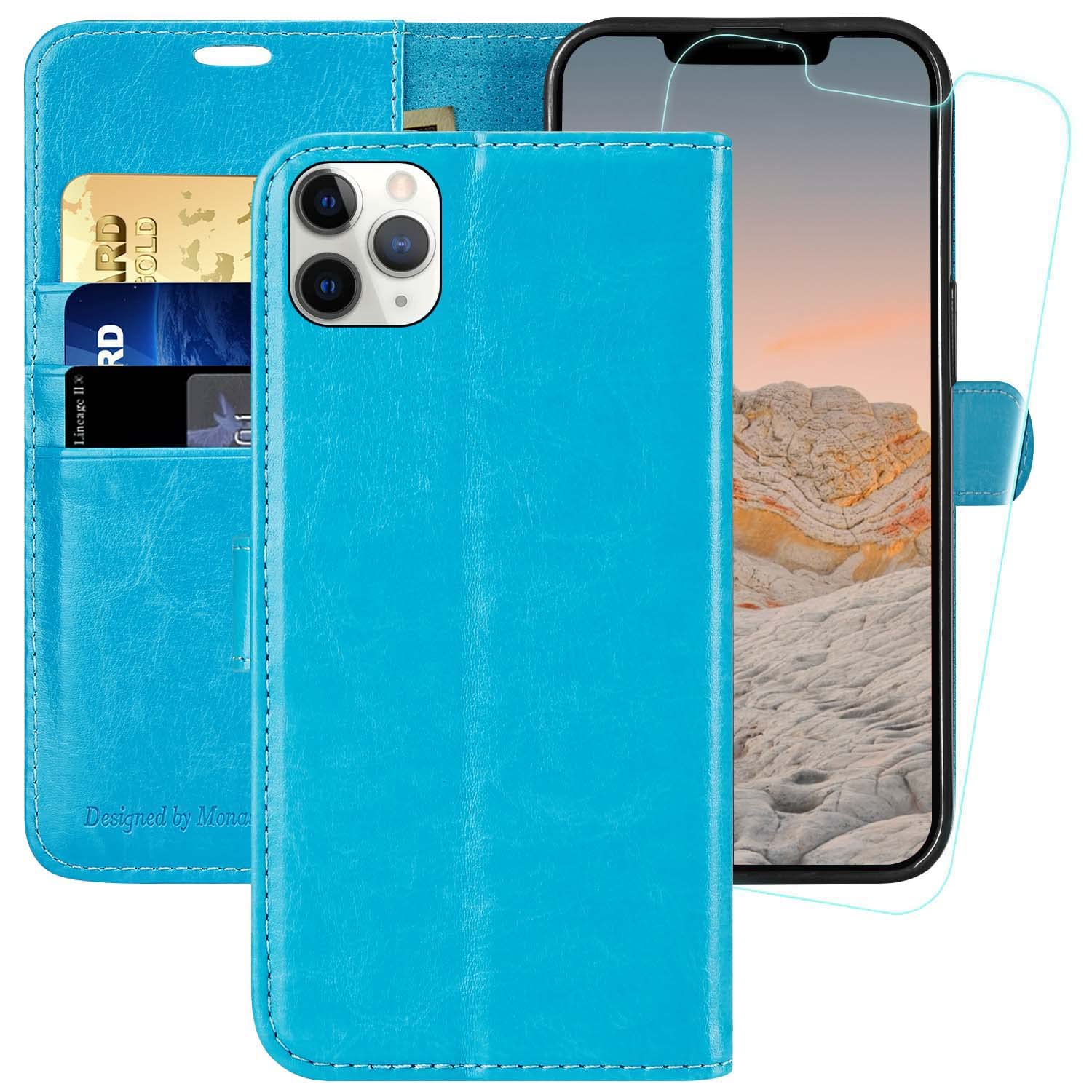 MONASAY iPhone 11 Pro Wallet Case,5.8-inch, [Glass Screen Protector Included][RFID Blocking] Flip Folio Leather Cell Phone Cover with Credit Card Holder for iPhone 11 pro,Light blue — image 1