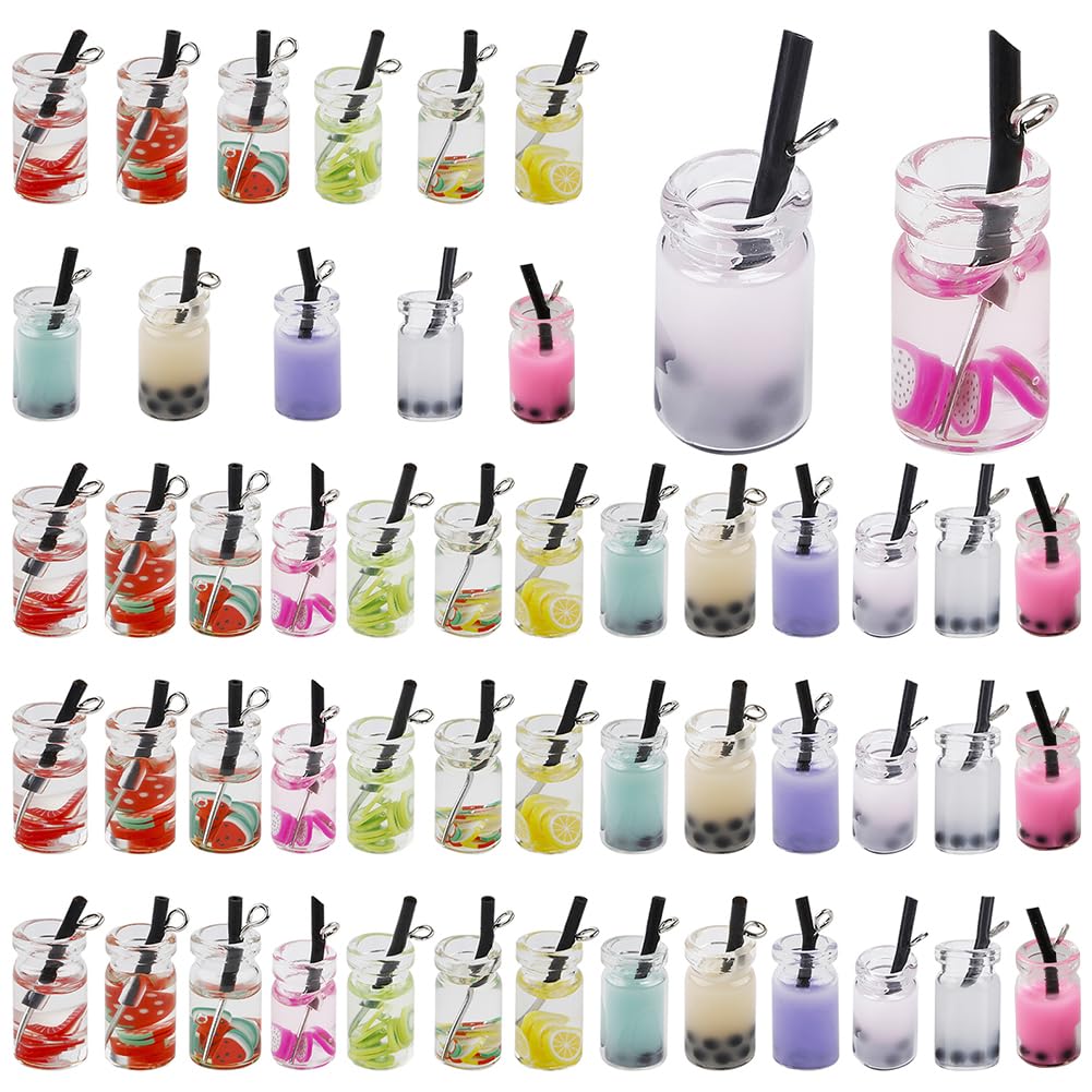 SUNNYCLUE 52Pcs 13 Styles Pearl Milk Tea Charms Fruit Tea Mini Bottle Pendants Boba Milk Charm Jewelry Making Findings for Earring Bracelet Necklace Keychain DIY Jewelry Making