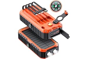 QiSa Solar Charger Power Bank 40000mAh Built in 4 Cables and Hand Crank, Portable Charger 22.5W Fast Charger 6 Outputs & 4 Inputs External Battery Pack with Bright Flashlight and Compass