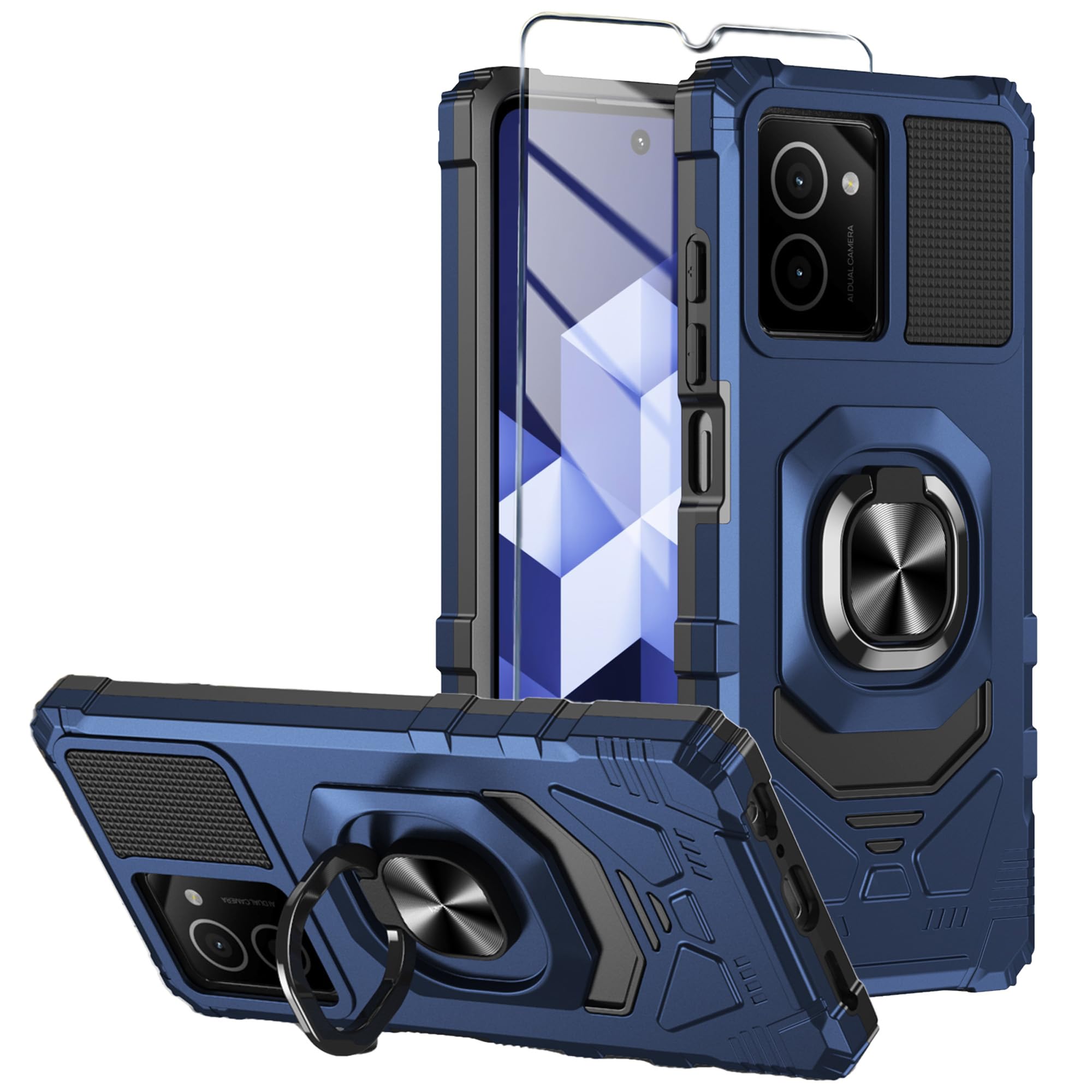 Mocotto for HMD Vibe Phone Case with Tempered Glass Screen Protector,Military Grade Heavy Duty Shockproof Protective Cover,with Ring Kickstand (HMD Vibe,Blue)