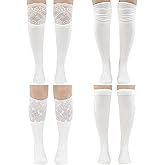 scenicamp 4 Pairs Women's Lace Socks Long Knee High Socks Cute Kawaii Lace Top Lolita Boots Socks Stockings for Women, White