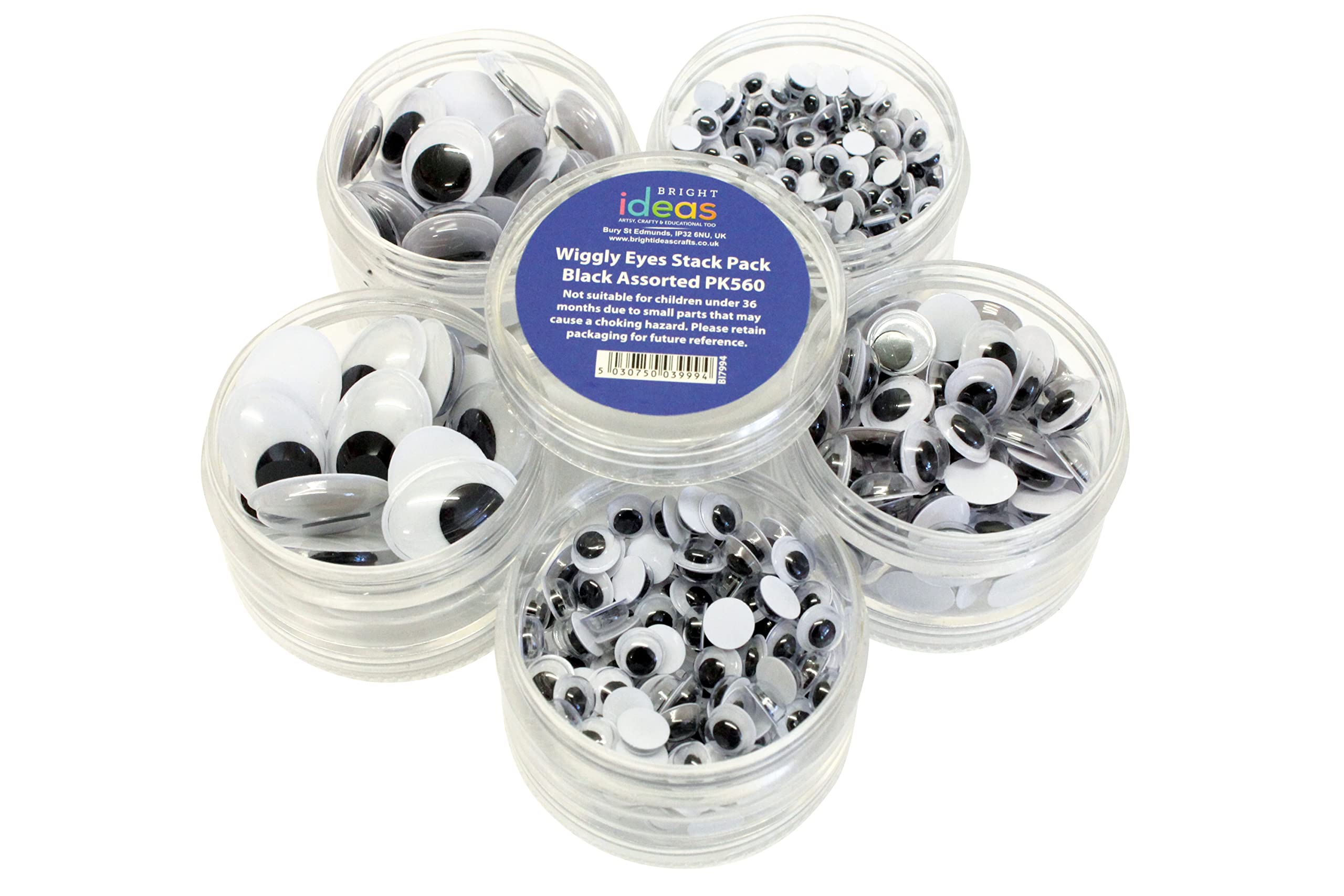 Bright Ideas Mixed Wiggle Eyes for Kids Arts and Crafts, Plastic Googly Eyes for Decoration, DIY Scrapbooking Toy Accessories, 5 Mixed Sizes, Assorted Caddy Stack of 560 Pieces Black