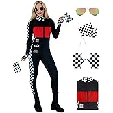 Lcaughsy Race Car Driver Costume Women,Race Car Driver Jumpsuit Sexy Racer Halloween Bodysuit Sunglasses Glove Flag Outfit