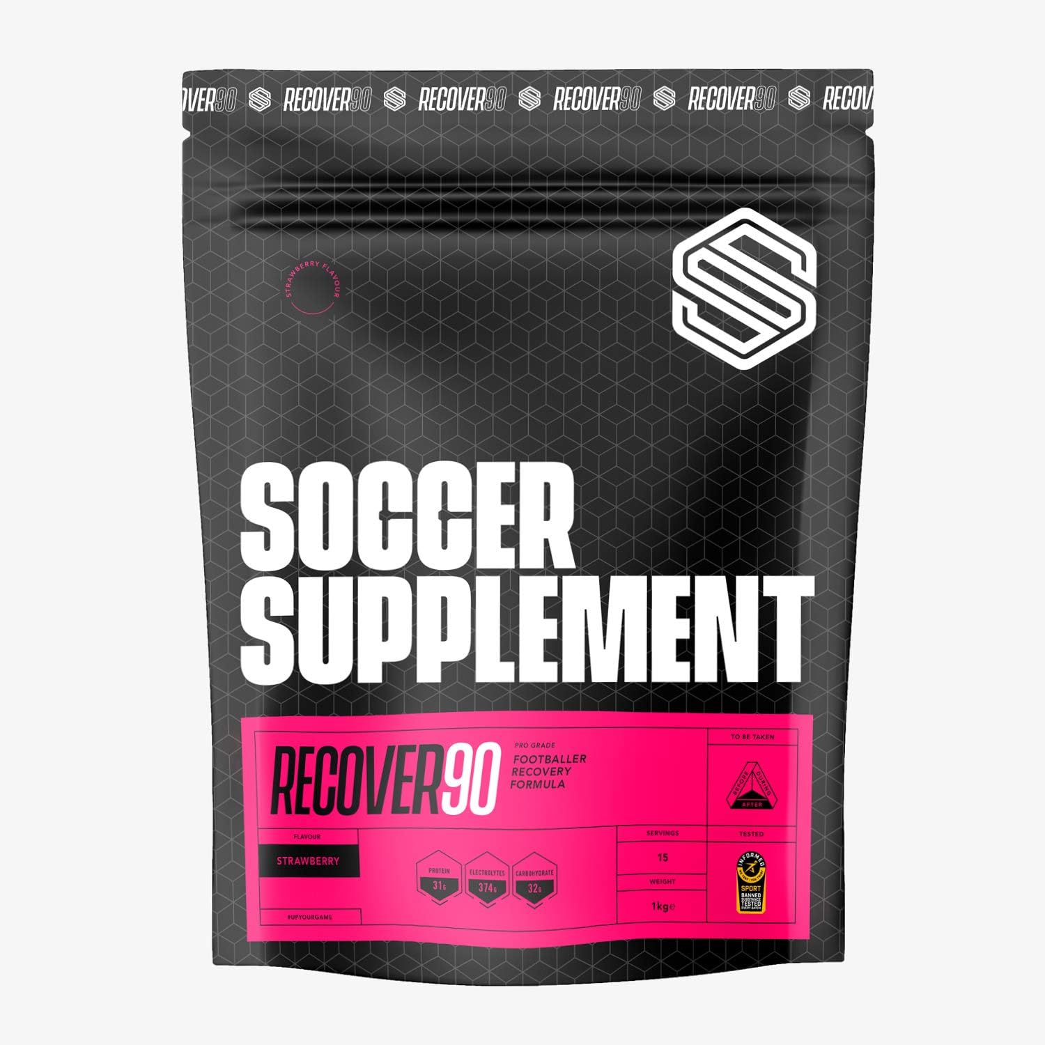 SOCCER SUPPLEMENT - Recover90 Shake for Footballers 31grams of Protein, 32grams of Carbohydrate, 374mg's of Electrolyte, Strawberry