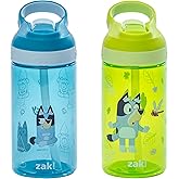 Zak Designs Bluey Atlantic Kids Water Bottle For School or Travel, 16oz Durable Plastic Water Bottle With Straw, Handle, and Leak-Proof, Pop-Up Spout Cover, 2-Pack (Bluey, Bingo)