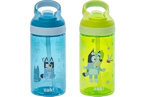 Zak Designs Bluey Atlantic Kids Water Bottle For School or Travel, 16oz Durable Plastic Water Bottle With Straw, Handle, and Leak-Proof, Pop-Up Spout Cover, 2-Pack (Bluey, Bingo)
