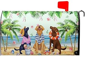 Evlaschin Summer Dogs Magnetic Mailbox Cover 25.5x21Inch Funny Tropical Beach Coastal Puppy Waterproof Mailbox Wrap Letter Post Cover Large Size for Garden Yard Outdoor Season Outside Decor