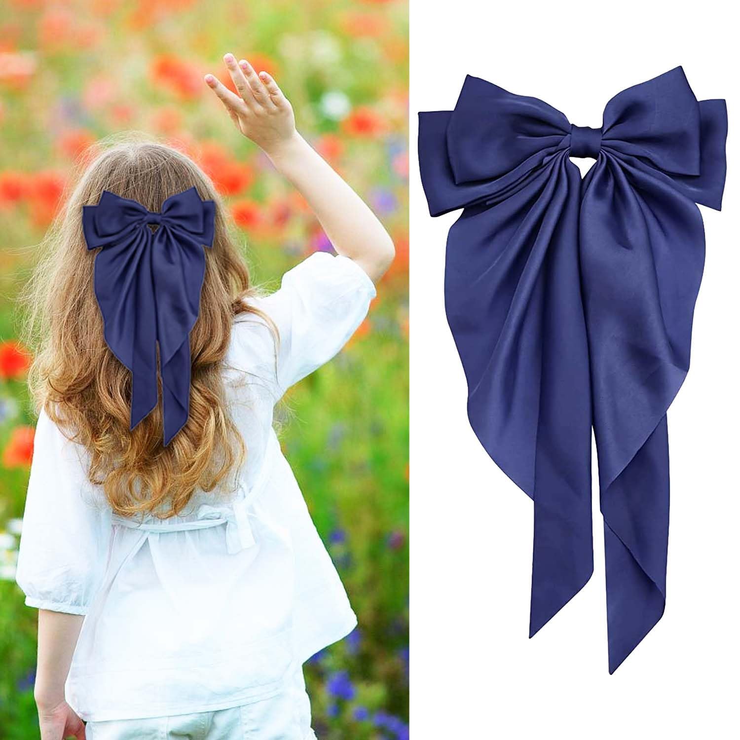 LECTNORE Navy Hair Bow - Large Bowknot Hair Clip for Women, Satin Silky Ribbons with Long Tail, French Barrette Hair Accessory for Girls Ponytail Holder — image 1