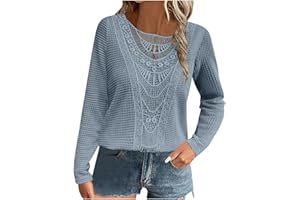 Women Lace V Neck Long Sleeve Pullover Sweaters Casual Lace Splicing Shirt Blouse Lightweight Knit Solid Jumper Tops