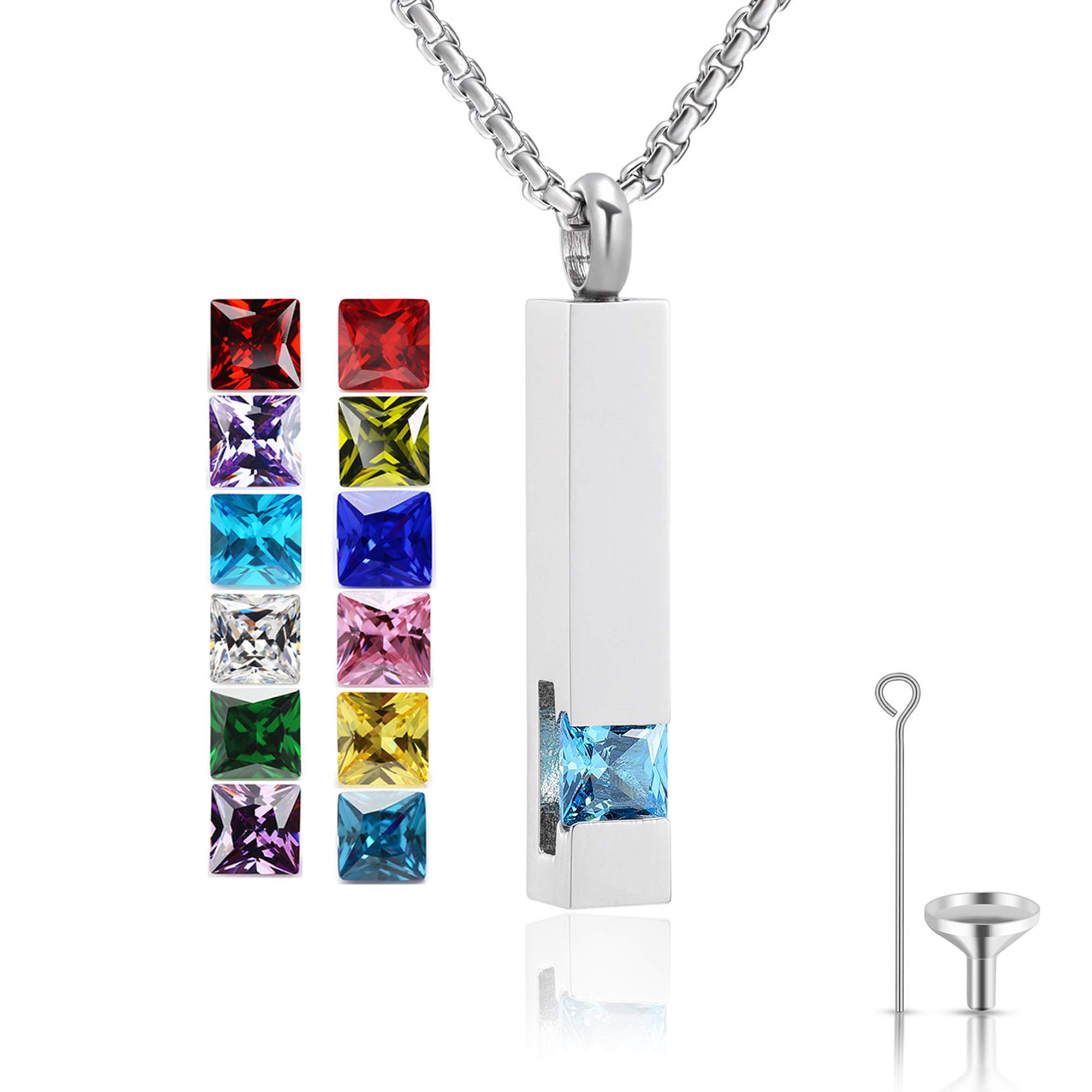 Urn Necklace for Ashes Birthstone Cuboid Cremation Jewelry Keepsake Holder Memorial Locket Necklace Pendant