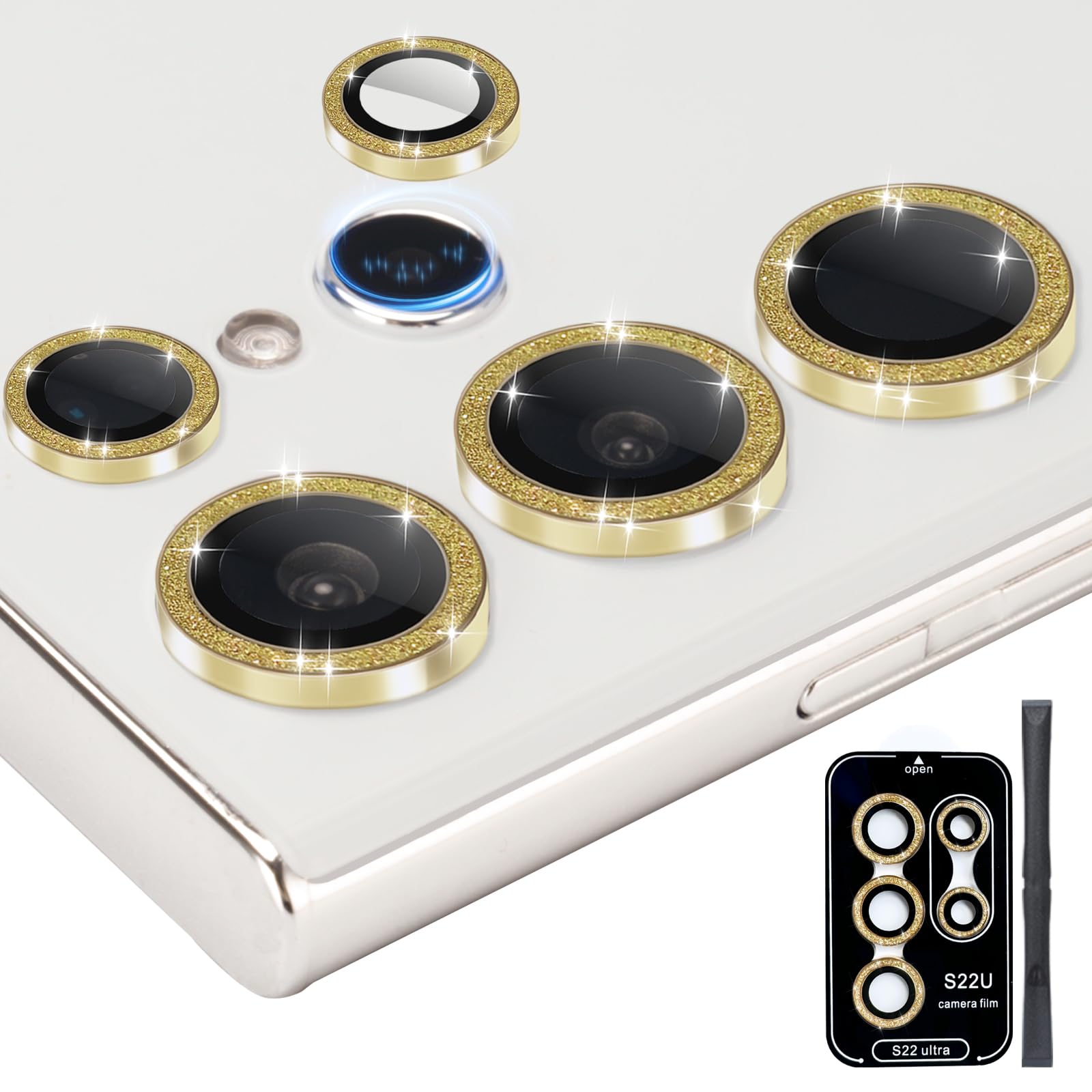 Photo 1 of Zevytop Camera Lens Protector for Samsung Galaxy S22 Ultra, Individual Tempered Glass Aluminum Alloy Ring Lens Cover with Installation Tray Fit for Samsung Galaxy S22 Ultra Glitter Gold