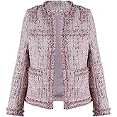 chouyatou Women's Fall Business Casual Tweed Blazer Jacket Collarless Open Front Dressy Tweed Jacket