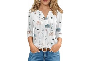 FreshNight LUYAA 3/4 Length Sleeve Womens Tops V Neck Tunic Tops Dressy Casual Pleated Shirts Fashion Tops for Women Trendy