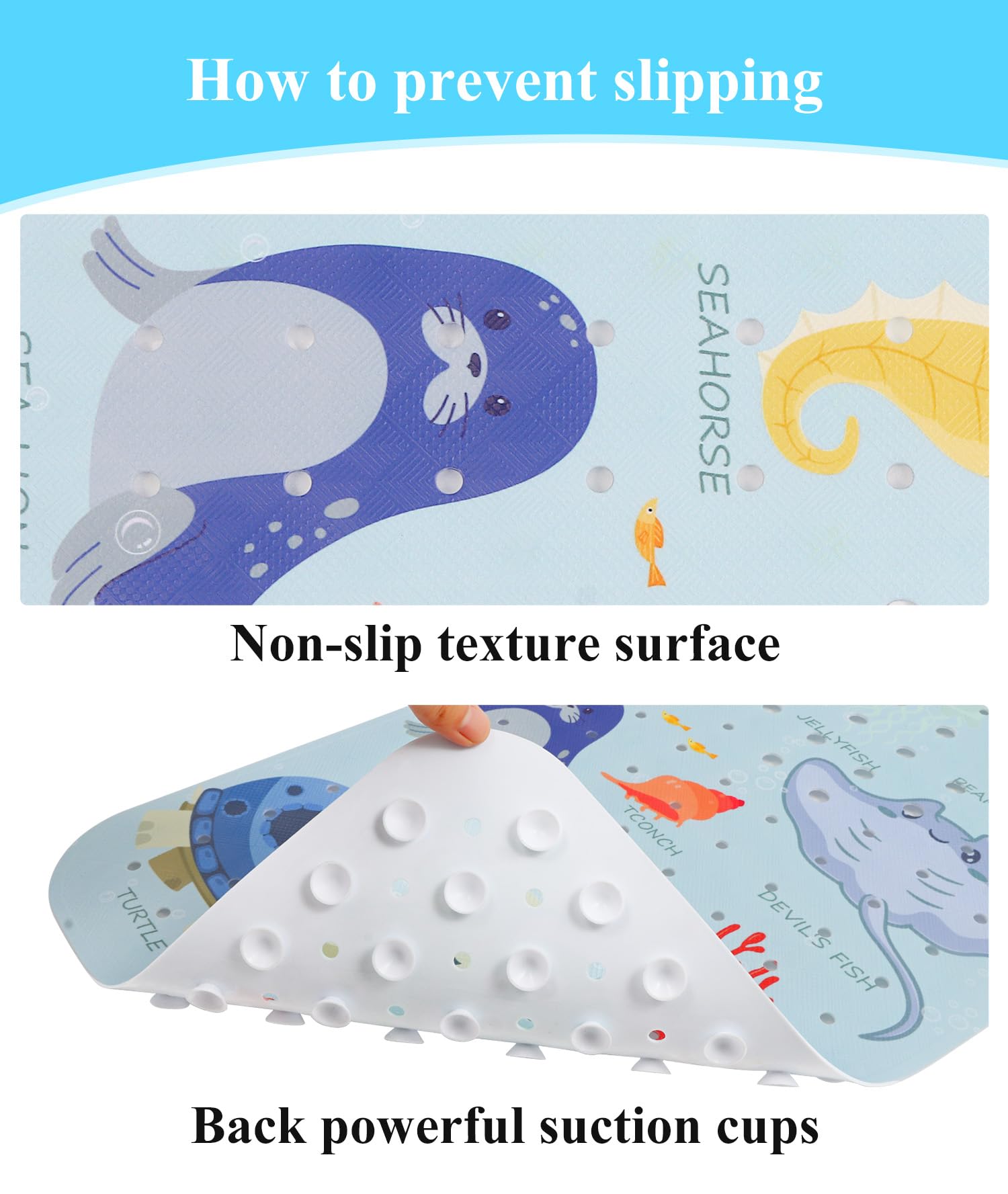 Secopad Bath Mat for Tub Non Slip, Machine Washable Anti-Slip Cartoon Baby Bathtub Shower Mat with Drain Holes and Suction Cups for Toddler & Kids, 40 Inch x 16 Inch, Blue Sea Animals